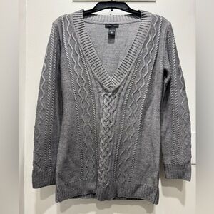 New York & Company Gray Cable Knit V-Neck Sweater